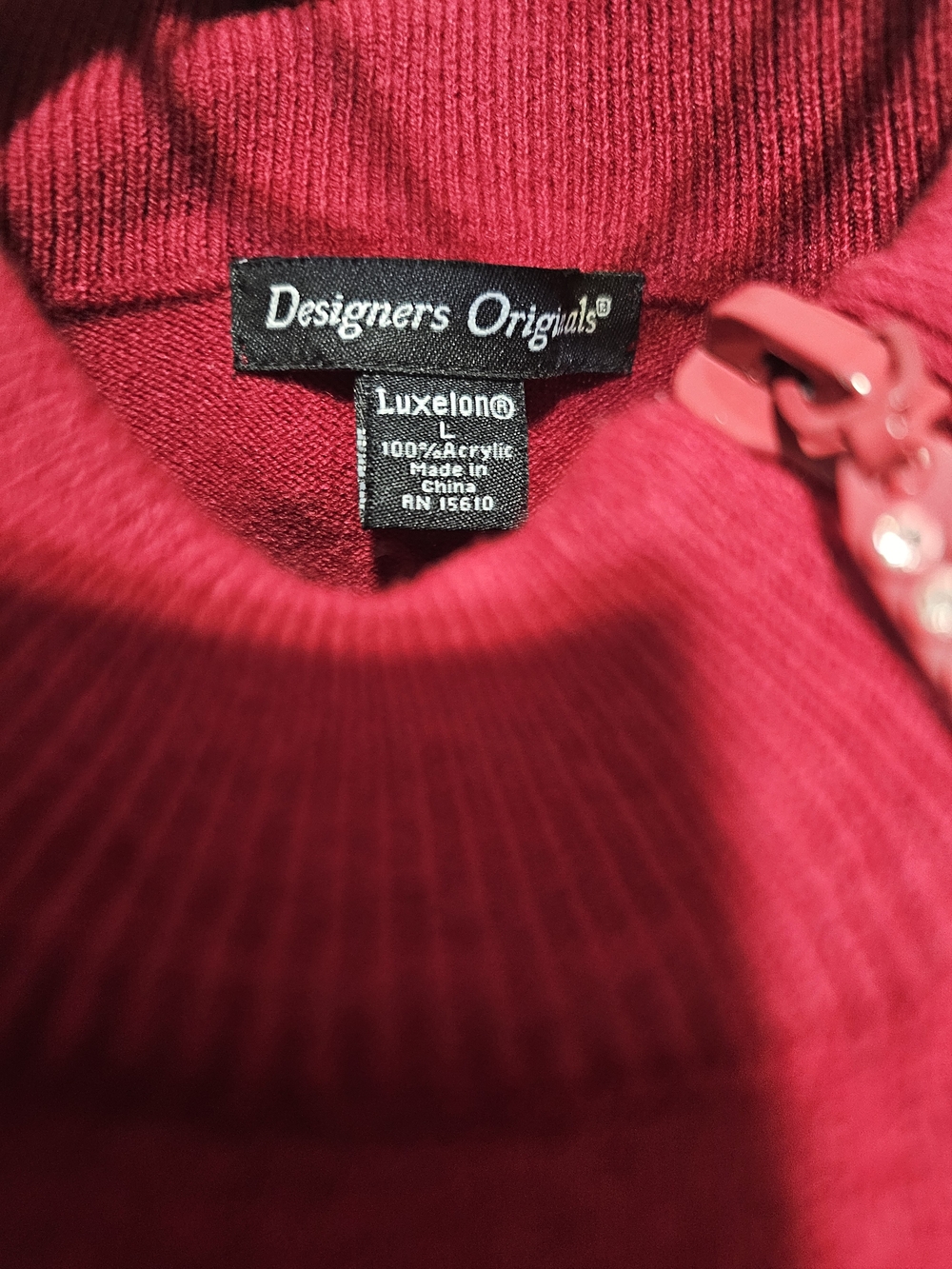Women’s Ruby Red Mock Neck Sweater Top with Decorative Diagonal Zip - Picture 5 of 5
